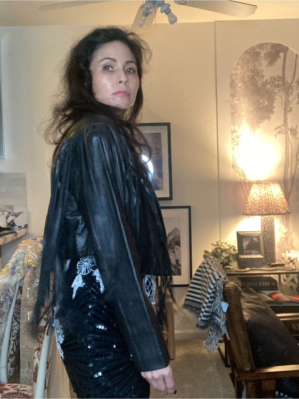 Festival versatile black leather fringed motorcycle jacket cropped 80’s western - Picture 3 of 7